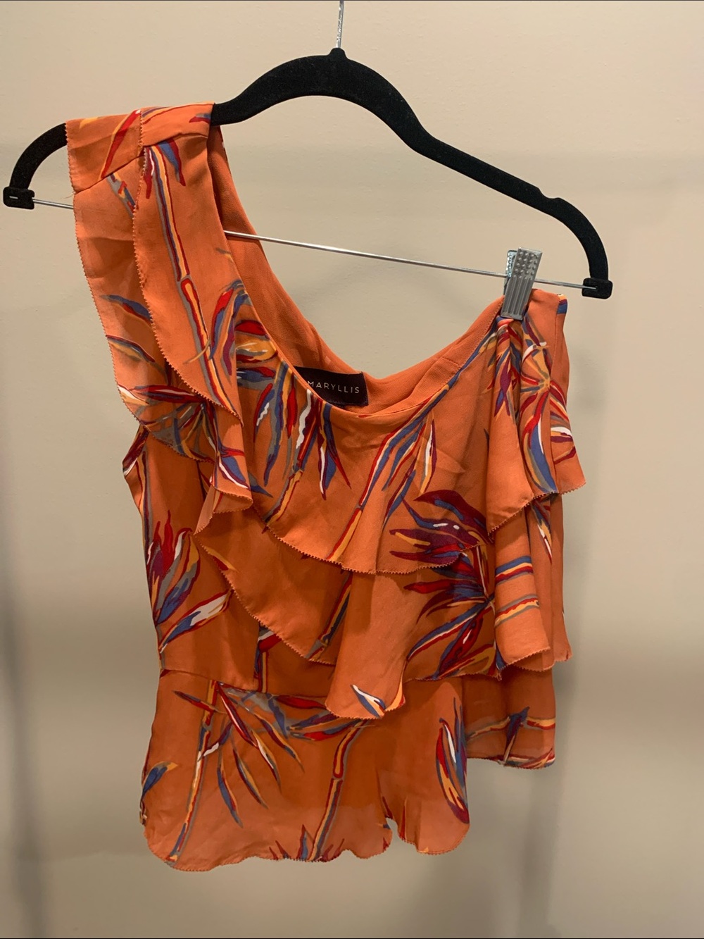 Amaryllis Orange Floral One-Shoulder Ruffle Camisole